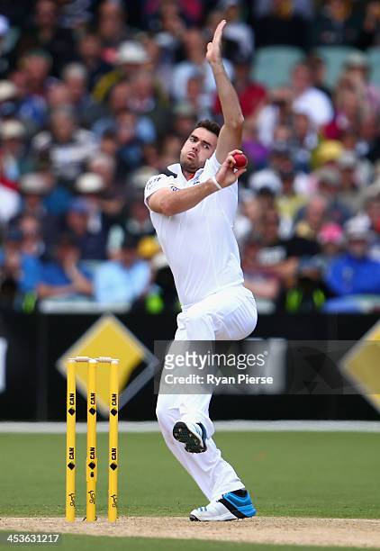 James Anderson of England bowls during day one of the Second Ashes Test Match between Australia and England at Adelaide Oval on December 5, 2013 in...