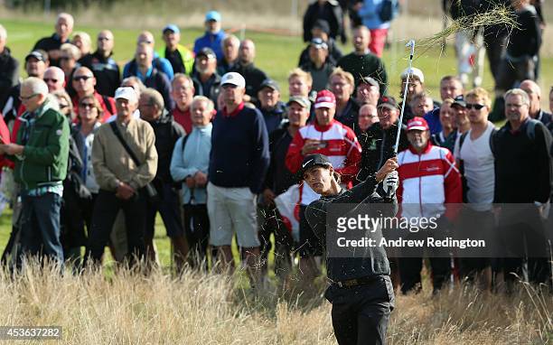 Thorbjorn Olesen of Denmark plays his second shot on the 13th hole during the second round of the Made In Denmark at Himmerland Golf & Spa Resort on...