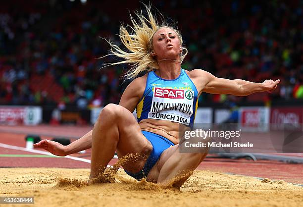 Anastasiya Mokhnyuk of Ukraine competes in the Women's Heptathlon Long Jump during day four of the 22nd European Athletics Championships at Stadium...