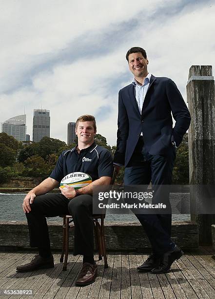 John Eales Rugby Excellence Scholarship winner Ben Hunt poses with John Eales at Finger Wharf, Woolloomooloo on December 4, 2013 in Sydney, Australia.