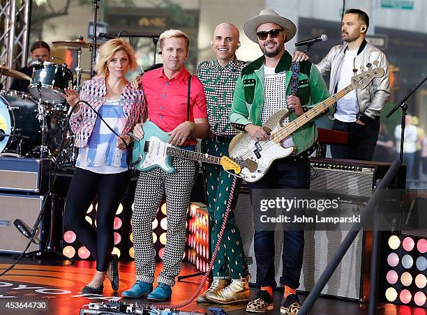 Drummer Elaine Bradley, guitarist Chris Allen, singer Tyler Glenn and bassist Branden Campbell of Neon Trees perform on NBC's "Today" at Rockefeller...