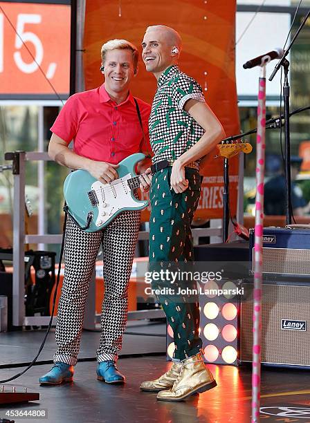 Guitarist Chris Allen and singer Tyler Glenn of Neon Trees perform on NBC's "Today" at Rockefeller Plaza on August 15, 2014 in New York, New York.