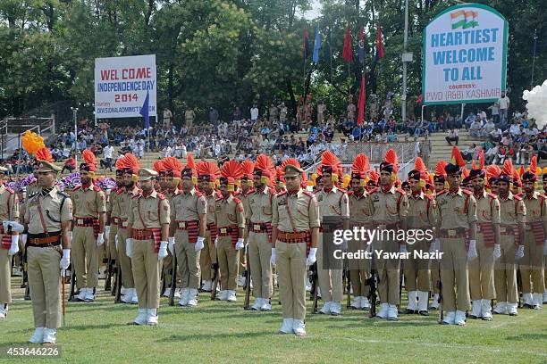 Contingent of Indian police stand in formation during India's Independence Day celebrations on August 15, 2014 in Srinagar, the summer capital of...