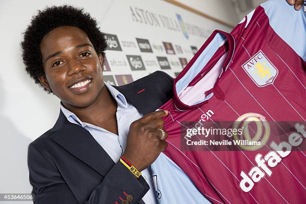 New signing Carlos Sanchez of Aston Villa poses for a picture at the club's training ground at Bodymoor Heath on August 15, 2014 in Birmingham,...