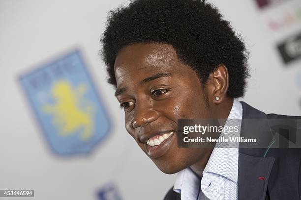 New signing Carlos Sanchez of Aston Villa poses for a picture at the club's training ground at Bodymoor Heath on August 15, 2014 in Birmingham,...