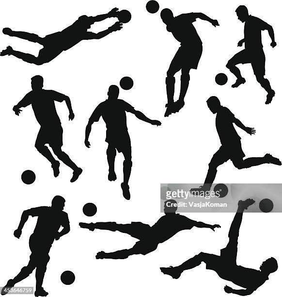 skilled soccer players silhouettes - midfielder soccer player stock illustrations