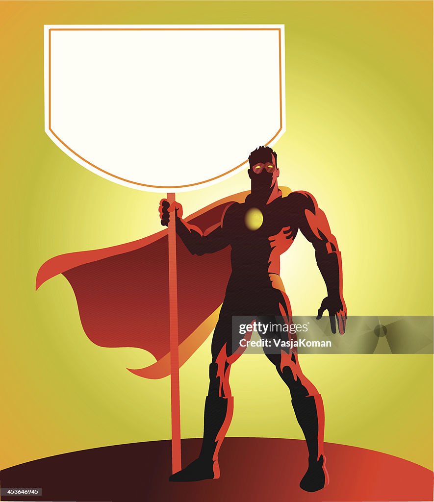 Super herói segurando uma placa de sinal