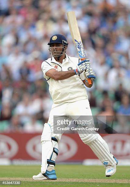 Mahendra Singh Dhoni of India bats during day one of 5th Investec Test match between England and India at The Kia Oval on August 15, 2014 in London,...