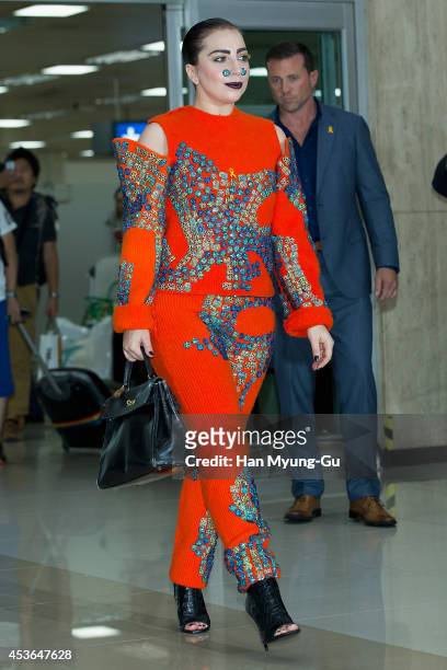 Lady Gaga is seen upon arrival at Gimpo International Airport on August 15, 2014 in Seoul, South Korea.