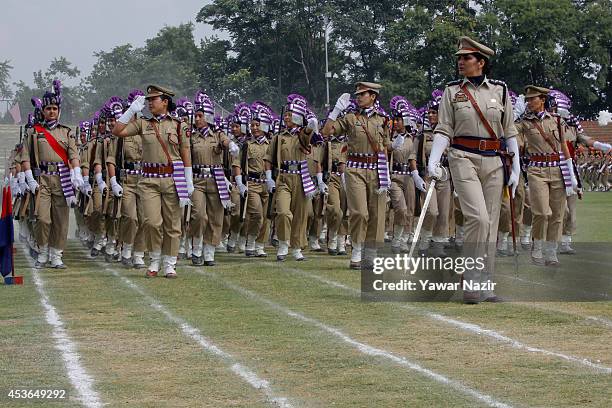 Contingent of Indian police women march during India's Independence Day celebrations on August 15, 2014 in Srinagar, the summer capital of Indian...