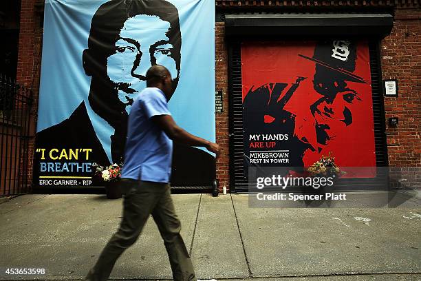 Memorial of Michael Brown next to the one of Eric Garner, is viewed outside of filmmaker's Spike Lee's 40 Acres offices on August 15, 2014 in the...