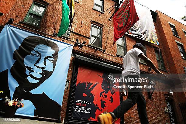 Memorial of Michael Brown next to the one of Eric Garner, is viewed outside of filmmaker's Spike Lee's 40 Acres offices on August 15, 2014 in the...