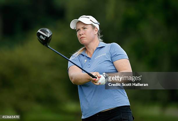 Brittany Lincicome watches her tee shot on the 18th hole during the second round of the Wegmans LPGA Championship at Monroe Golf Club on August 15,...