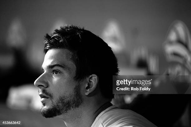 Brad Hand of the Miami Marlins looks on during the first inning of the game against the Arizona Diamondbacks at Marlins Park on August 15, 2014 in...