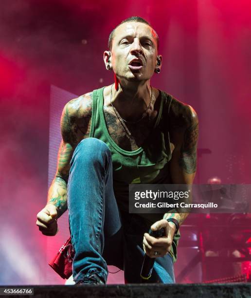 Musician Chester Bennington of Linkin Park performs during The Carnivores Tour at the Susquehanna Bank Center on August 15, 2014 in Camden, New...