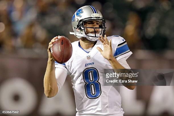 Quarterback Dan Orlovsky of the Detroit Lions looks to pass against the Oakland Raiders during their preseason game at O.co Coliseum on August 15,...