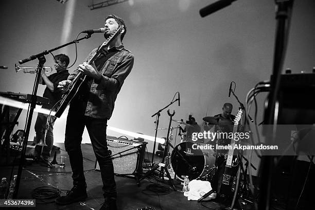 Musicians Kelly Pratt, Peter Silberman, and Michael Lerner of The Antlers perform onstage during Pandora Presents The Antlers at StubHub's Next Stage...