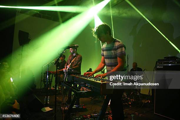 Musicians Kelly Pratt, Peter Silberman, Darby Cicci, and Michael Lerner of The Antlers perform onstage during Pandora Presents The Antlers at...