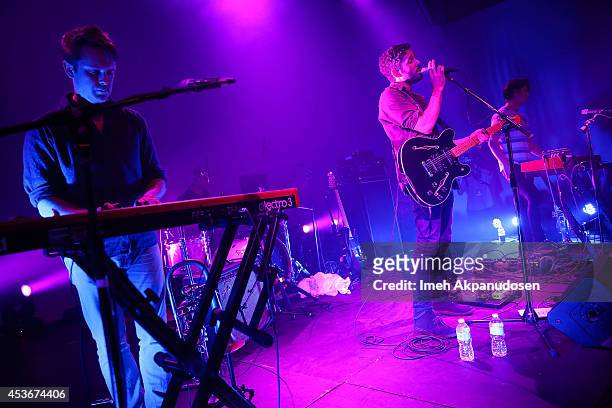Musicians Kelly Pratt, Michael Lerner, Peter Silberman, and Darby Cicci of The Antlers perform onstage during Pandora Presents The Antlers at...