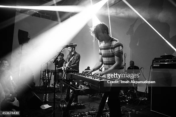 Musicians Kelly Pratt, Peter Silberman, Darby Cicci, and Michael Lerner of The Antlers perform onstage during Pandora Presents The Antlers at...