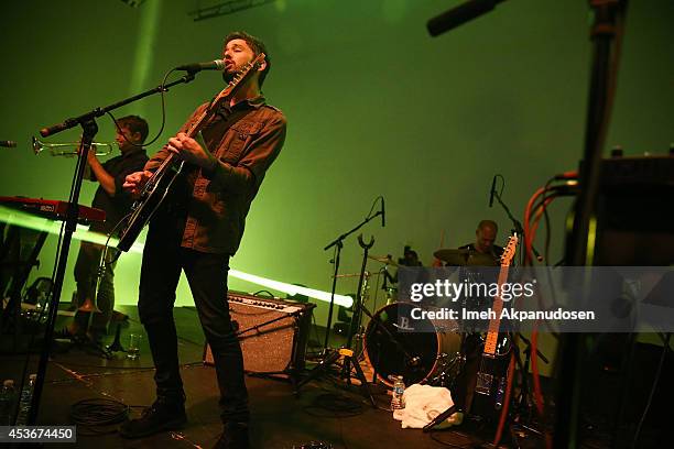 Musicians Kelly Pratt, Peter Silberman, and Michael Lerner of The Antlers perform onstage during Pandora Presents The Antlers at StubHub's Next Stage...