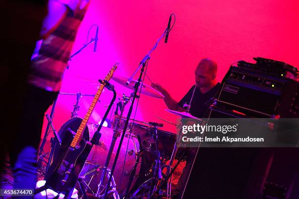 Musician Michael Lerner of The Antlers performs onstage during Pandora Presents The Antlers at StubHub's Next Stage at Mack Sennett Studios on August...