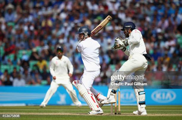 Gary Ballance of England hits out during day two of the 5th Investec Test match between England and India at The Kia Oval on August 16, 2014 in...