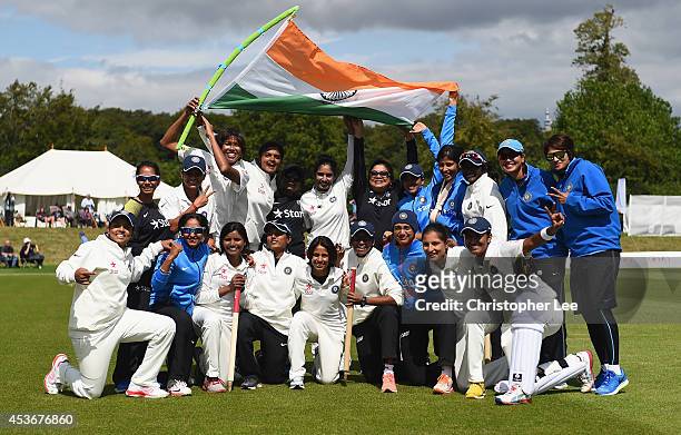 The India team celebrate their victory during Day Four of the Womens Test match between England and India at Wormsley Cricket Ground on August 16,...