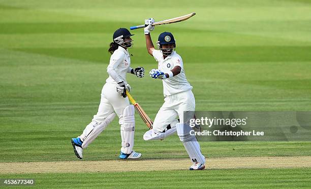 Shikha Pandey of India celebrates as she and Mithali Raj lead India to victory during Day Four of the Womens Test match between England and India at...