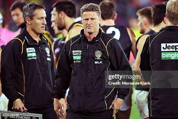 Damien Hardwick of the Tigers looks on during the round 21 AFL match between the Adelaide Crows and the Richmond Tigers at Adelaide Oval on August...