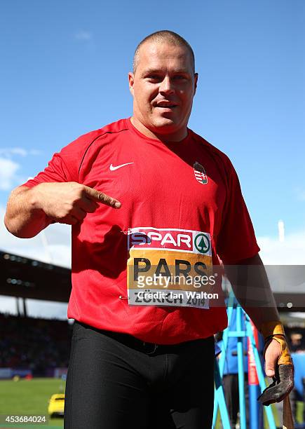 Krisztian Pars of Hungary celebrates as he wins gold in the Men's Hammer final during day five of the 22nd European Athletics Championships at...