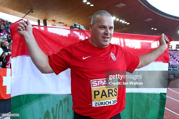 Krisztian Pars of Hungary celebrates as he wins gold in the Men's Hammer final during day five of the 22nd European Athletics Championships at...