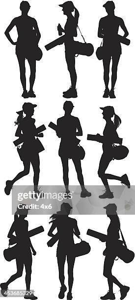 woman with gym bag and exercising mat - ponytail silhouette stock illustrations