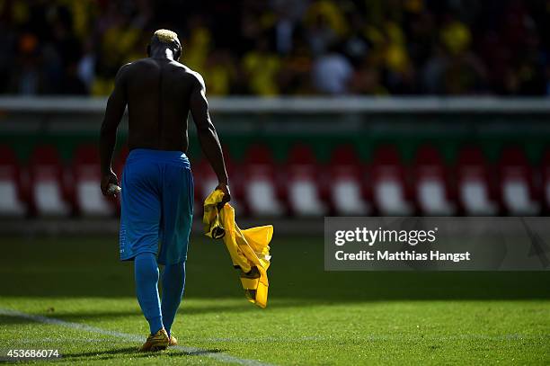 Randy Edwini-Bonsu of Stuttgarter Kickers walks off the pitch after the DFB Cup first round match between Stuttgarter Kickers and Borussia Dortmund...