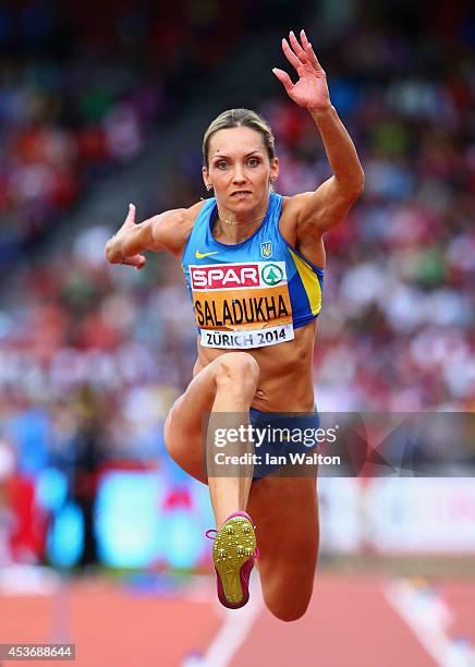 Olha Saladukha of Ukraine competes in the Women's Triple Jump final during day five of the 22nd European Athletics Championships at Stadium...