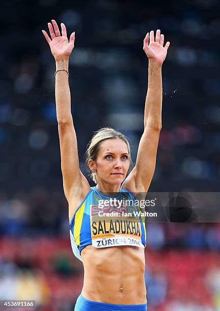 Olha Saladukha of Ukraine celebrates as she wins gold in the Women's Triple Jump final during day five of the 22nd European Athletics Championships...