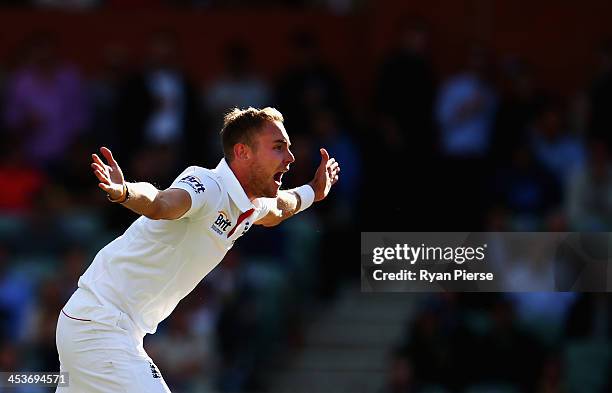 Stuart Broad of England appeals for the wicket of Brad Haddin of Australia during day one of the Second Ashes Test Match between Australia and...