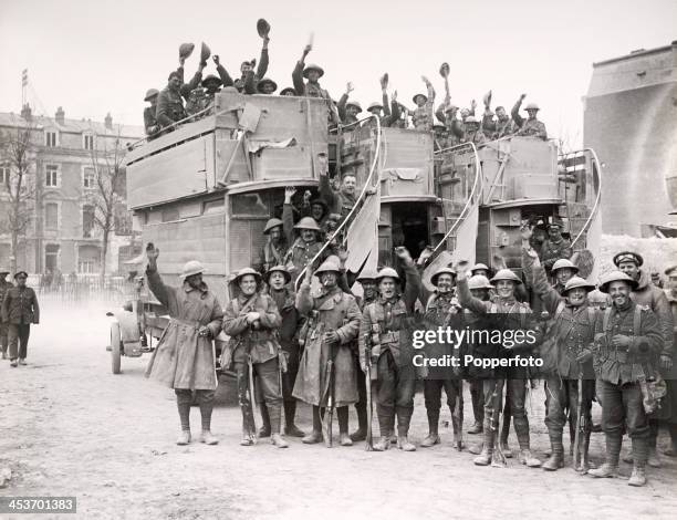 Soldiers of the 37th Division of the King's Royal Rifle Corps on buses at Arras after returning from the capture of Monchy-le Preux during the first...