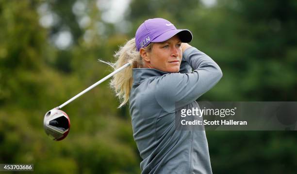 Suzann Pettersen of Norway hits her tee shot on the second hole during the third round of the Wegmans LPGA Championship at Monroe Golf Club on August...
