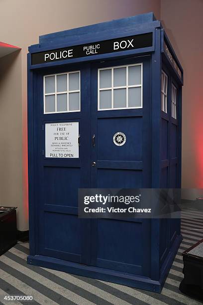 Doctor Who TARDIS is displayed during Doctor Who The World Tour Mexico City press conference at Hilton Centro Histórico hotel on August 16, 2014 in...