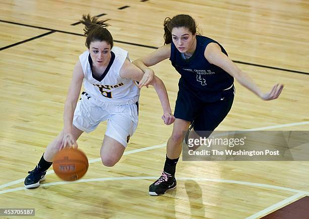 February, 26: Georgetown Visitation's Kelsey Tillman tries to get by Flint Hill's Savannah Block in the first half Sunday February 26, 2012 in...