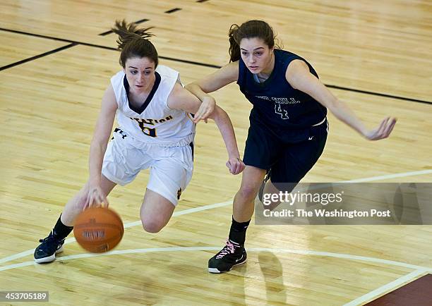 February, 26: Georgetown Visitation's Kelsey Tillman tries to get by Flint Hill's Savannah Block in the first half Sunday February 26, 2012 in...