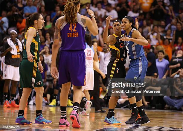 Western Conference All-Stars Sue Bird of the Seattle Storm, Maya Moore of the Minnesota Lynx, Glory Johnson of the Tulsa Shock and Brittney Griner of...