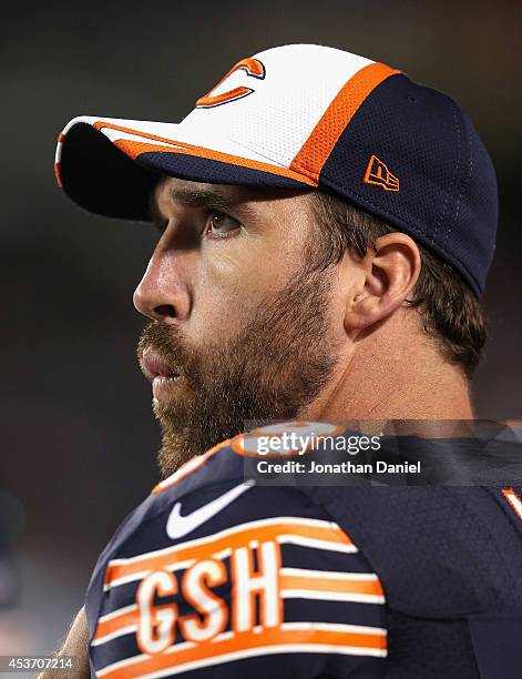 Jared Allen of the Chicago Bears stands on the sidelines during a preseason game against the Jacksonville Jaguars at Soldier Field on August 14, 2014...