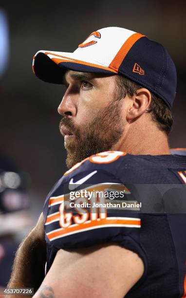 Jared Allen of the Chicago Bears stands on the sidelines during a preseason game against the Jacksonville Jaguars at Soldier Field on August 14, 2014...