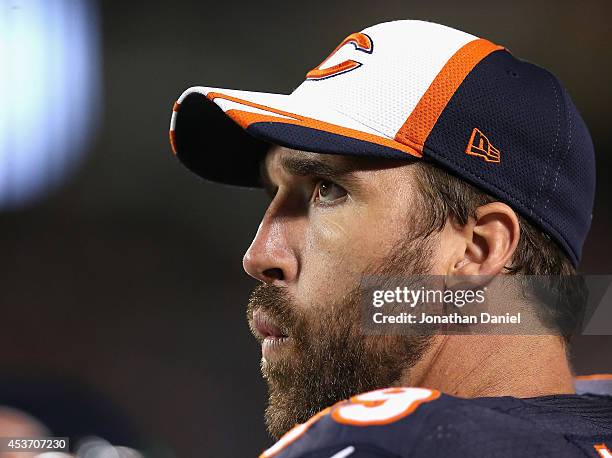 Jared Allen of the Chicago Bears stands on the sidelines during a preseason game against the Jacksonville Jaguars at Soldier Field on August 14, 2014...