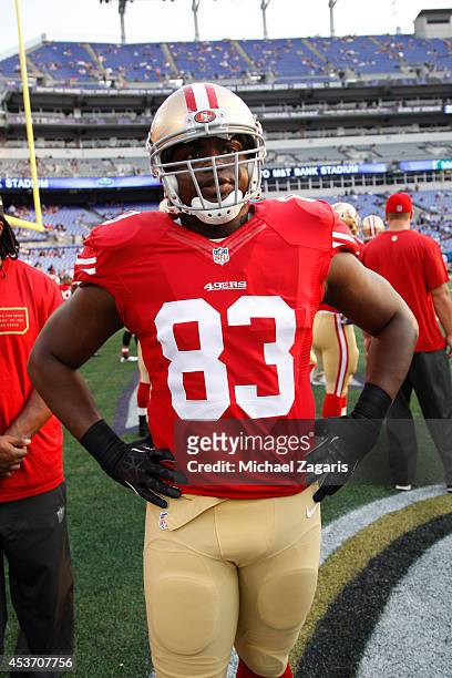 Demarcus Dobbs of the San Francisco 49ers stands on the field prior to the game against the Baltimore Ravens at M&T Bank Stadium on August 7, 2014 in...