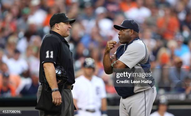 Manager Lloyd McClendon of the Seattle Mariners argues with home plate umpire Tony Randazzo during the second inning of the game against the Detroit...