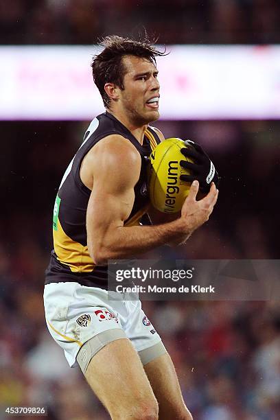 Alex Rance of the Tigers marks the ball during the round 21 AFL match between the Adelaide Crows and the Richmond Tigers at Adelaide Oval on August...