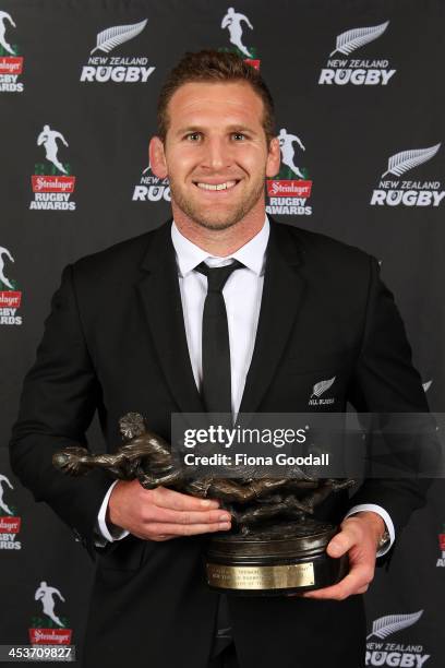 All Black Kieran Read wins the Kelvin R Tremain Memorial Player of the Year during the 2013 Steinlager Rugby Awards at SkyCity Convention Centre on...